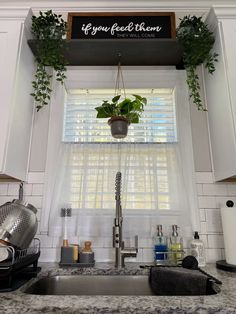 a kitchen sink under a window with plants hanging from it's sides and the words if you feel clean above it