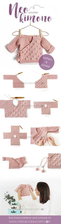 Baby Kimono, Crochet Kimono, Pull Bebe, Kimono Pattern, Haken Baby, Bobble Stitch, Crochet Baby Clothes, Crochet Diy