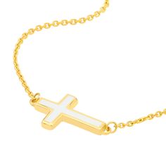 A colorful upgrade to a traditional timeless piece. This sideways white enamel cross necklace goes with just about anything. Adjustable from 16 to 18 inches. NECKLACE INFORMATION SKU: JNCY041971 Metal type and color: 14k Yellow Gold Gender: Women Enamel: Yes Enamel Color: White Style: Fashion Necklace Rhodium Plated: No Average Width (mm): .80 Weight (grams): 1.82 Length (inches): 18 Closure: Lobster White Cross Necklace With Adjustable Chain, Sideways Cross Necklace, Enamel Cross, Cross Necklace Sideways, White Crosses, Necklace White, Yellow Gold Chain, White Enamel, Item Number