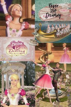 the barbie movie poster is shown in four different pictures, including an image of princess and prince