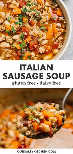 italian sausage soup in a white bowl with a spoon full of it and the title above reads