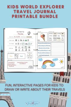 kids's world explorer travel journal printable bundle for kids to draw or write about their travels