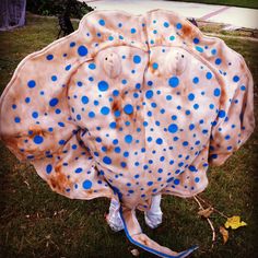 a large stuffed animal with blue spots on it's body and legs, standing in the grass