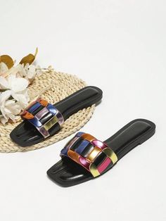 Free Returns ✓ Free Shipping✓. Fashionable Slide Sandals For Women, Colorblock Metallic Single Band Flat Sandals- Women Flat Sandals at SHEIN. Women Flat Sandals, Womens Slides Sandals, Golden Jewelry, Girly Shoes, Slides Sandals, Platform Slippers, Womens Slides, Fashion Sandals, Sandals For Women