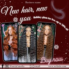 three wigs with long hair on display in front of snowflakes and stars