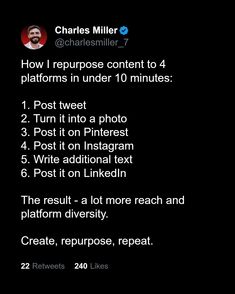 a twitter post with the text how i repurpose content to 4 platforms in under 10 minutes