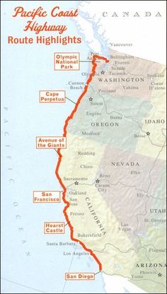 a map of the pacific coast highway route highlights major cities and towns in red, orange, and green