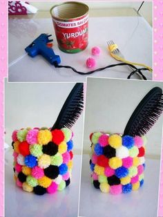 there is a hairbrush holder made out of pom - poms and yarn