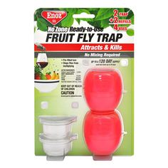 two red and white fruit fly traps are packaged in the package for $ 3 99