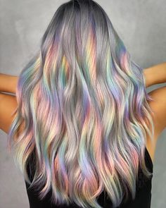 Pastel Oil Slick Hair, Pastel Holographic Hair, Fantasy Colored Hair, Pastel Prism Hair, Prism Hair Color Short, Long Rainbow Hair, Fantasy Color Hair, Rainbow Hair Underneath