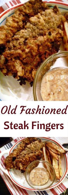 an old fashioned steak finger is served with gravy and breaded potato wedges