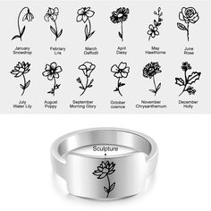 Introducing our exquisite Personalized Birth Flower Ring, a timeless piece of jewelry crafted with precision and care from high-quality stainless steel. This unique ring beautifully combines the elegance of flowers with the durability of stainless steel, making it a perfect choice for those seeking a meaningful and long-lasting keepsake. Key Features: Customized Birth Flower: Each ring is adorned with a delicate and intricate birth flower design that represents your unique birth month. Whether i Silver Birth Flower Ring For Anniversary, Silver Anniversary Flower Ring With Birth Flower, Mother Ring, Family Ring, Family Flowers, Engraved Flower, Family Rings, Bar Ring, Month Flowers