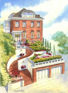 this is an artist's rendering of a house with flowers growing on the roof