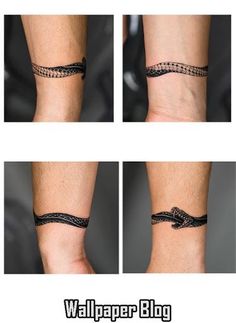 four different images of the same person's arm and foot with black lace on them