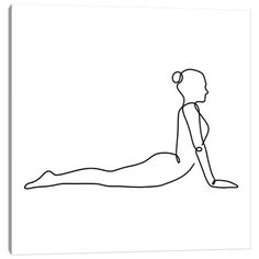 a black and white line drawing of a woman doing yoga exercises on the floor canvas wall art print