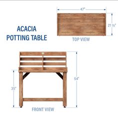 a wooden bench sitting next to a planter with measurements for the top view and bottom view