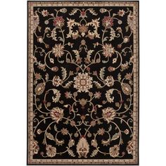 a black rug with an ornate design on the front and side, in various colors