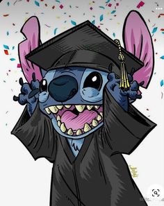 a cartoon character wearing a graduation cap and gown with confetti around his neck