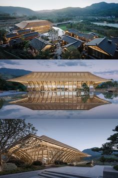 three different views of a building in the middle of two pictures, one showing an open air