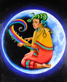 a painting of a woman sitting on the moon holding a colorful object in her hands