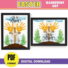 two framed pictures with the words easter and handprint art