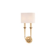 a gold wall light with a white shade on the top and bottom half of it