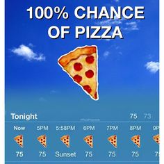 a pizza advertisement with the words, 100 % chance of pizza on it's screen