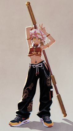 an anime character holding a baseball bat and wearing black pants with gold trimmings