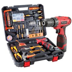 an open tool box with tools in it on a white background, including drill and screwdrivers