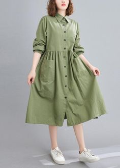 Modern Lapel Cinched Cotton SpringDresses Runway Green Vestidos De Lino Dresses - Omychic Dresses Runway, Simple Frock Design, Trendy Shirt Designs, Green Dresses, Trendy Fashion Tops, Simple Pakistani Dresses, Designer Dresses Casual, Stylish Party Dresses, Muslimah Fashion Outfits