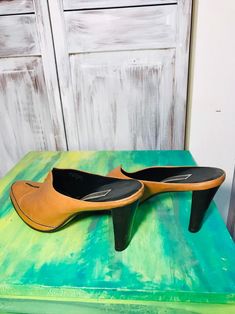 Vintage women's mule shoe with heels Ethienne Aigner - 90s shoe - size 8 1/2 us Modern Slip-on Heels With Wooden Heel, Modern Mules With 4-inch Heel And Round Toe, Formal Spring Clogs With Deep Heel Cup, Vintage Heels With Deep Heel Cup For Summer, Pointed Toe Clogs For Formal Summer Occasions, Retro Mules With Wooden Heel For Spring, Retro Leather Open Toe Mules, Closed Toe Mules With 4-inch Heel In Medium Width, Mules With 4-inch Heel And Medium Width Closed Toe