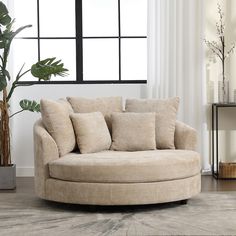 a living room with a large round couch and potted plant on the side table