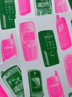 several cell phones are shown in pink and green ink on white paper with black outline