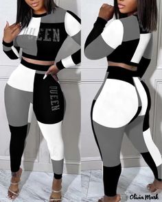 Color: black, Size: M Cutesy Clothes, Crop Top And Pants Set, Crop Top Pants Set, Grey Two Piece, Church Clothes, Patterned Crop Top, Two Piece Pants Set, Top And Pants Set, Top Pants Set