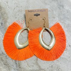 Gorgeous New Gold Fringe Statement Earrings!! Elegant Orange Jewelry For Spring, Elegant Orange Spring Jewelry, Trendy Gold Tassel Earrings For Summer, Orange Earrings For Spring Beach Outing, Bohemian Orange Tassel Earrings For Party, Trendy Orange Drop Earrings, Orange Earrings For Summer Gifting, Orange Earrings For Spring Gift, Trendy Orange Earrings For Summer