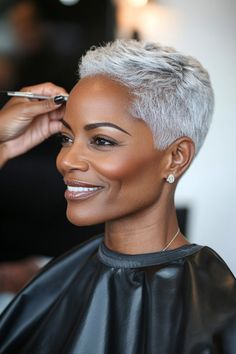 Click for More ➡️ | Save for Later ❤️  A pixie cut in a striking silver or grey shade, exuding confidence and elegance. (Silver Fox Pixie - Short Hairstyles For Black Women) Very Short Hairstyle Black Women, Short Relaxed Gray Hair, Gray Hair For Black Women, Grey Pixie Haircut Short Gray Hair Black Women, Outfits For Short Hair Pixie, Gray Haircut, Pixie Natural Haircut For Black Women, Gray Pixie Haircut Black Women, Grey Hairstyles For Black Women