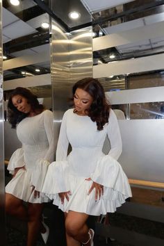 Pretty White Dresses Short, Birthday Dress Outfit Ideas, White African Dresses For Women, White Gowns Elegant Classy, White African Dress, Gathers Gown, All White Party Outfits Black Women, White Long Sleeve Gown, Long Sleeve Birthday Dress