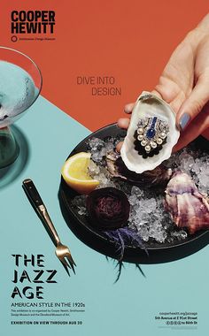 an advertisement for cooper rewitt's dive into design, featuring oysters on ice