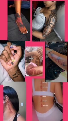 many different pictures of people with tattoos on their bodies and hands, including one woman's arm