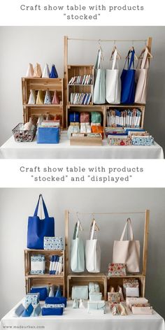 two pictures show the different types of bags and purses on display in front of bookshelves