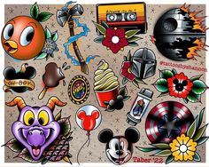 an assortment of cartoonish stickers on a piece of paper with flowers and other items