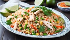 a white plate topped with rice and veggies next to limes on a table