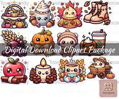 the digital clipart package includes many cute fall items, such as pumpkins and apples