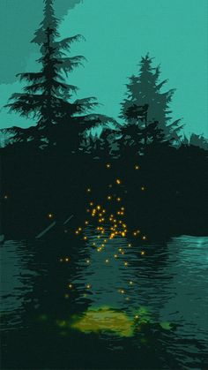 an image of a night scene with lights in the water and pine trees on the shore