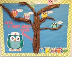 a bulletin board with an owl tree and owls on it's branches that say i don't do this