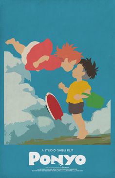 a movie poster for ponyo featuring two children playing frisbee in the sky