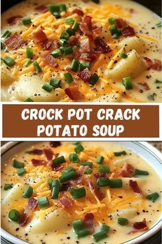 Craving a creamy, cheesy, and hearty soup? This Crock Pot Crack Potato Soup is a flavor-packed comfort food that combines tender potatoes, crispy bacon, and melty cheese. It's the perfect slow cooker meal for busy nights or lazy weekends. Easy to make and guaranteed to be a family favorite! 🍲🥓🧀 #PotatoSoup #CrockpotRecipes #ComfortFood Cheesy Potatoes Soup Crock Pot, Crock Pot Easy Potato Soup, Cheesy Creamy Potato Soup, Crockpot Potatoe Soup Recipe Best, Potato Soup In Slow Cooker, Lazy Potato Soup, Cheesy Bacon Potato Soup Crockpot, Crockpot Recipes Baked Potato Soup, Crock Pot Soup Potato