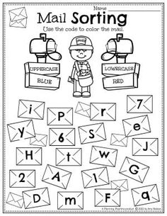 mail sorting worksheet with letters and numbers to help kids learn how to use them