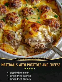 meatballs with potatoes and cheese in a casserole dish on a white plate