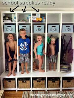 three children standing in front of lockers with the words school supplies ready on them